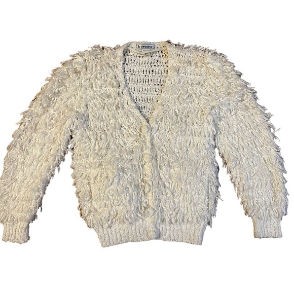 Vintage Sweaters - 1960s Vintage Le Sweater White Shag Cardigan Size Small